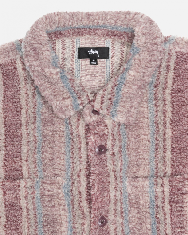 Stussy Listrado Sherpa Shirt - Unisex Tops Shirts Vermelhas | PTNZX79247