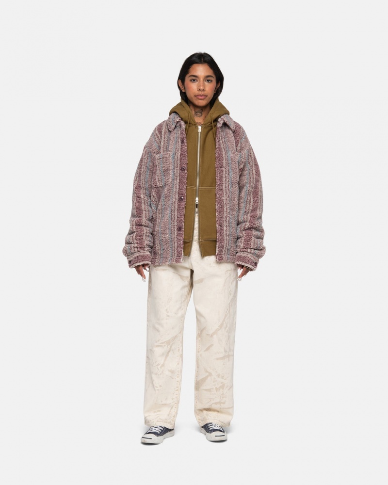 Stussy Listrado Sherpa Shirt - Unisex Tops Shirts Vermelhas | PTNZX79247