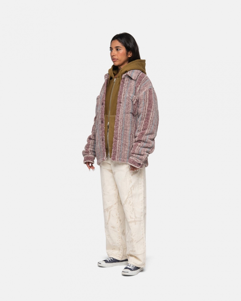 Stussy Listrado Sherpa Shirt - Unisex Tops Shirts Vermelhas | PTNZX79247