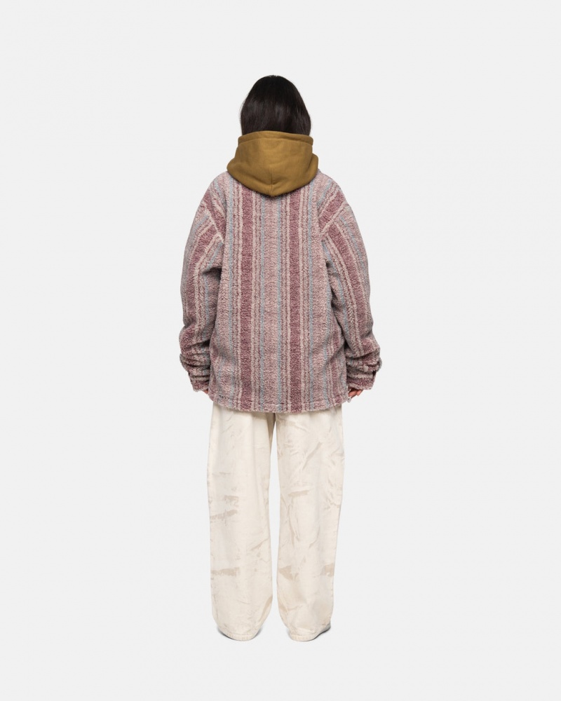 Stussy Listrado Sherpa Shirt - Unisex Tops Shirts Vermelhas | PTNZX79247