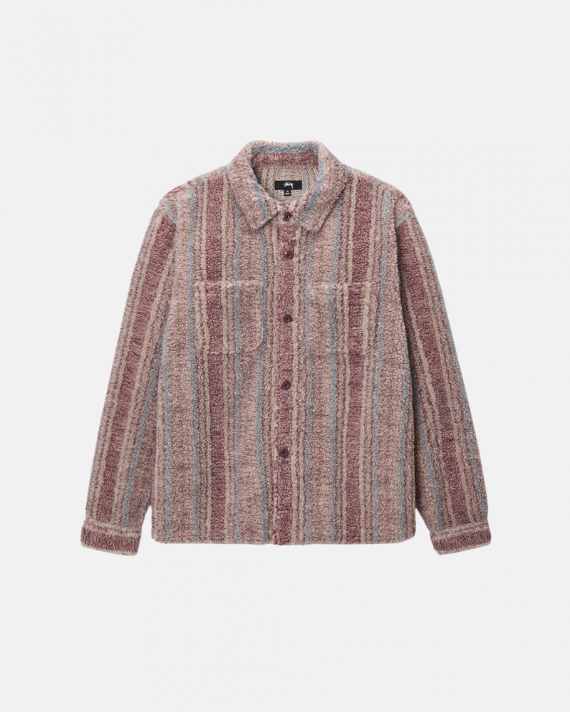 Stussy Listrado Sherpa Shirt - Unisex Tops Shirts Vermelhas | PTNZX79247