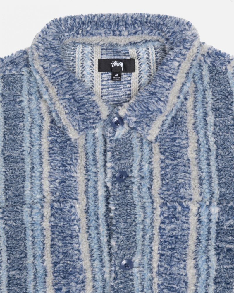 Stussy Listrado Sherpa Shirt - Unisex Tops Azul Anil | PTQAV16395