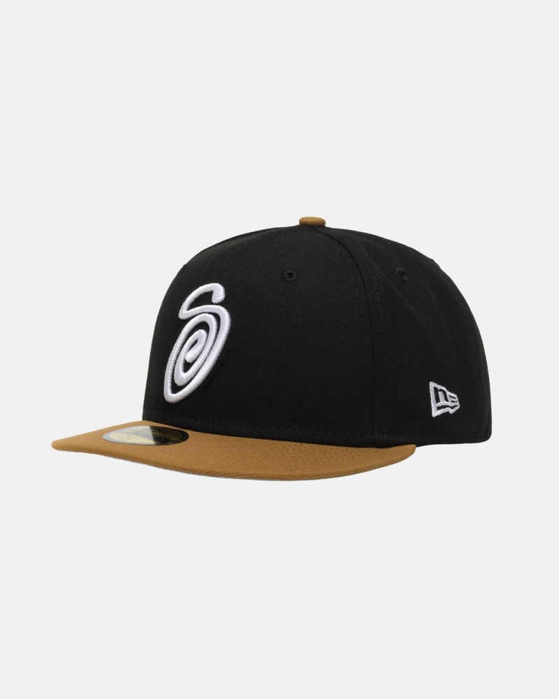 Stussy New Era 59Fifty Curly S - Unisex Pretas Douradas | PTDYB80682