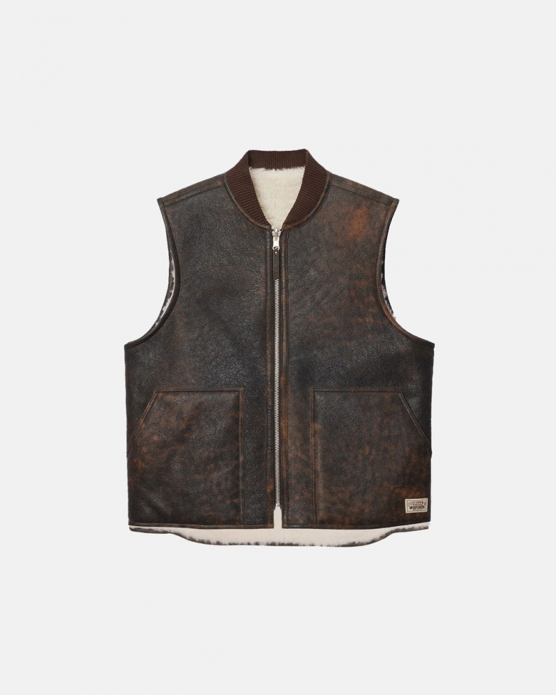 Stussy Reversible Shearling Workgear Vest - Unisex Jackets Marrom | UPTND96024