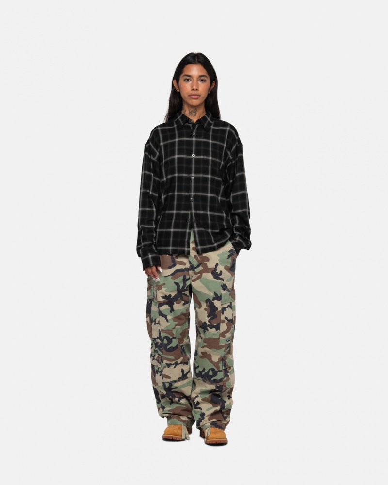 Stussy Shadow Plaid Rayon Shirt - Unisex Tops Pretas | PTEGJ52666