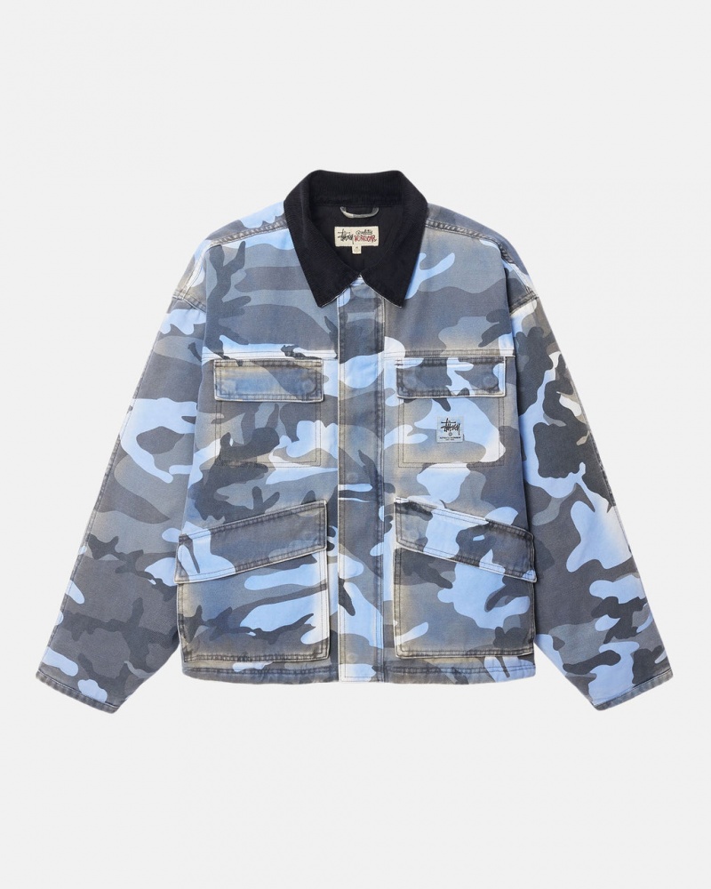 Stussy Shop Jacket Spray Dye Lona - Unisex Jackets Azuis Camufladas | GPTEC81548